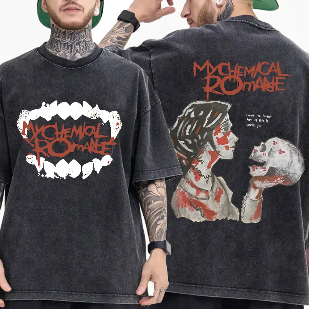 Фото Винтажная стираная футболка My Chemical Romance Punk Band The Black Parade Is Dead Футболки для мужчин и женщин Готическая хлопковая футболка большого размера №4