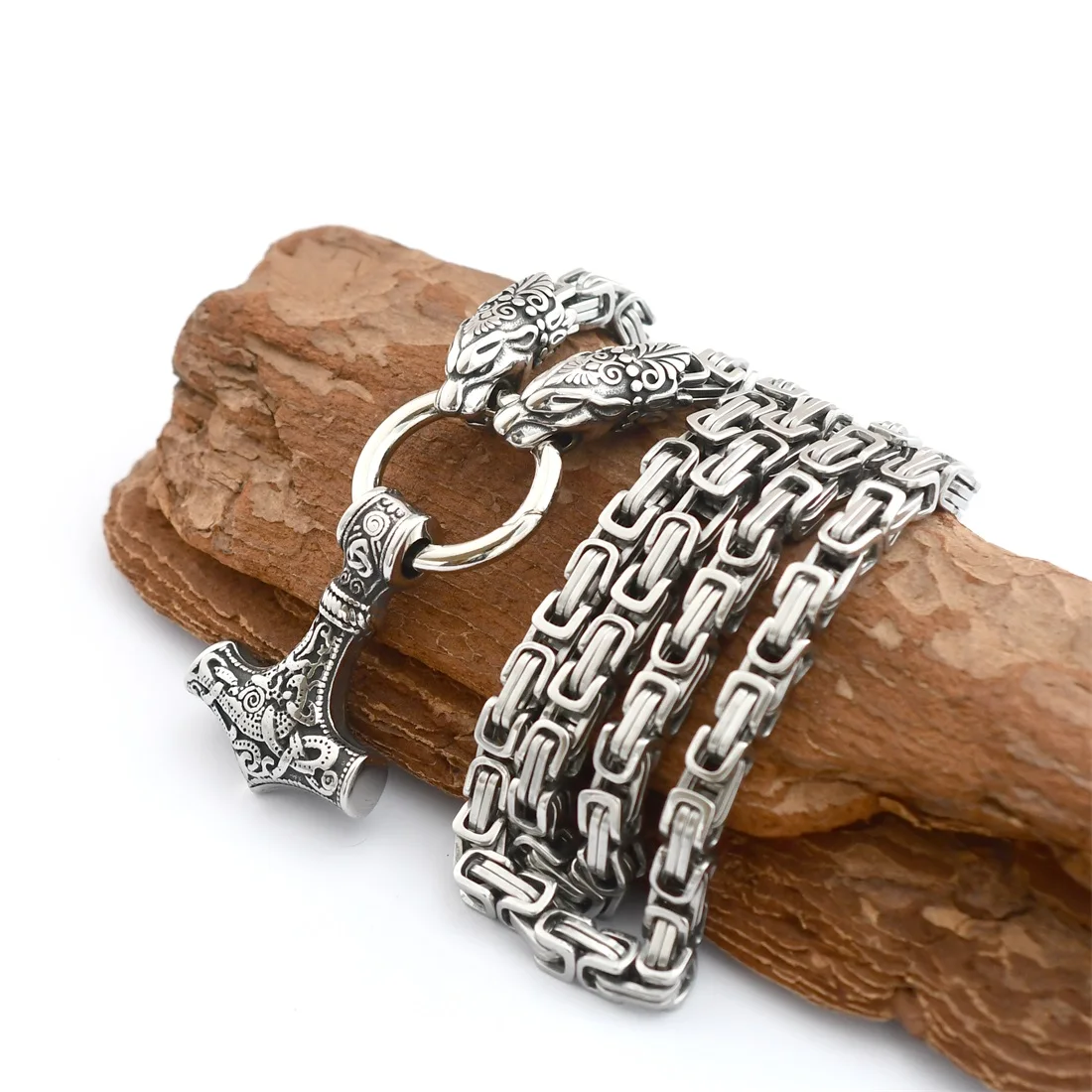 

Stainless Steel Leopard Head King Chain Necklace Viking Thor's Hammer Pendant Necklace Men's Viking Punk Jewelry