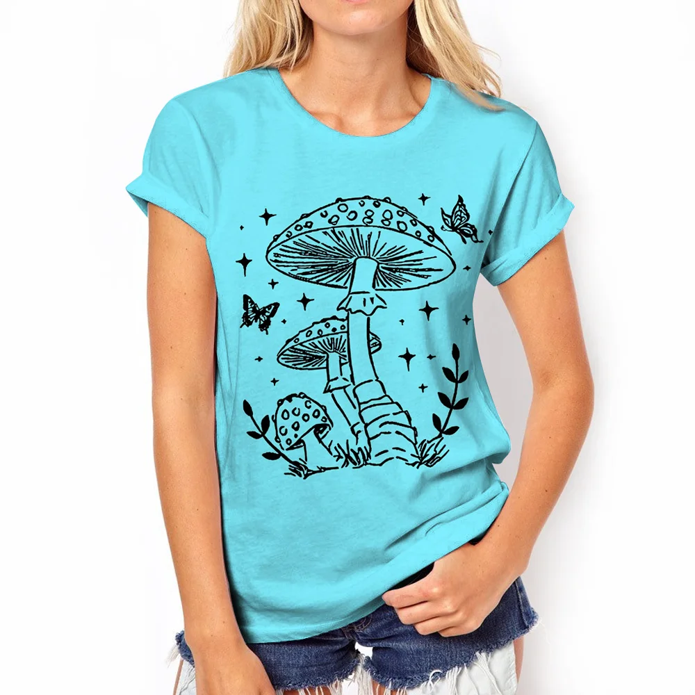 

Женский топ с коротким рукавом, Блестящий Флуоресцентный Повседневный Топ с круглым вырезом и принтом в виде грибов, футболка большого разм...