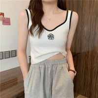 2022 summer new rose embroidery knitted double shoulder camisole big name ladies v neck fashion color blocking bottoming shirt
