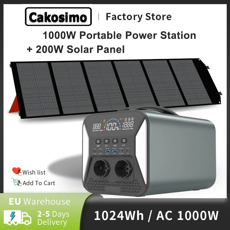 

Camping Portable Power Station Lifepo4 Battery EU Plug 1000W 1024Wh Power Generator 18V 200W Solar Panel Energy Systems Complete