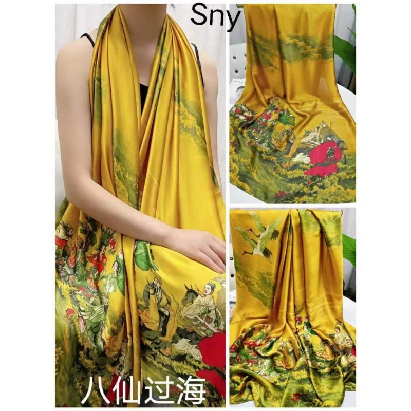 

2021 New Li Jin Satin Scarf Eight Immortals Cross the Sea Mulberry Silk Shawl Ethnic Retro Elegant Scarf Factory Sales Delivery