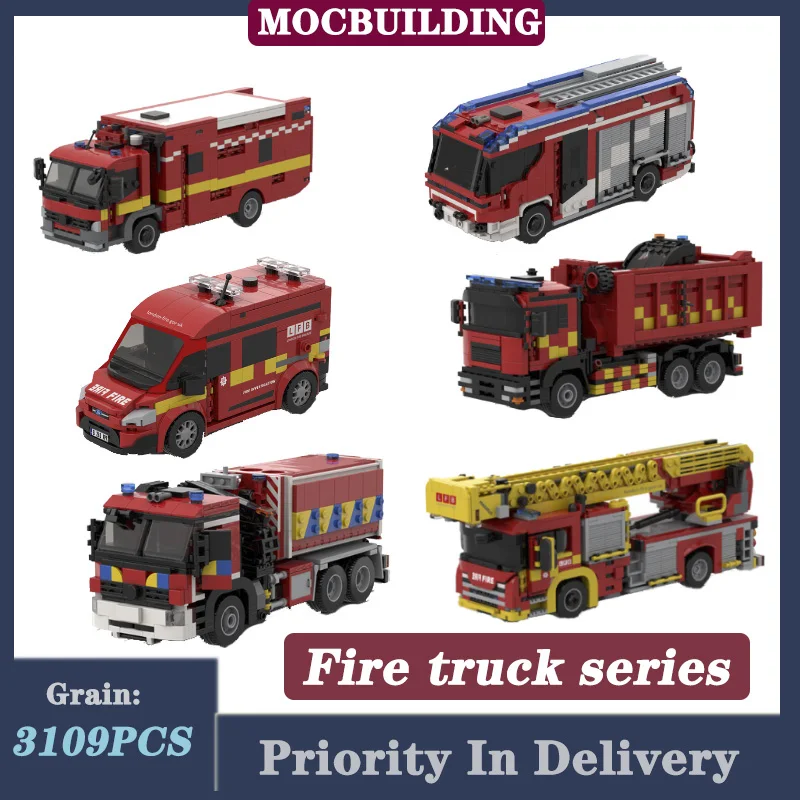 London Fire Bridge LFB MK3 Pump Ladder Transport Vehicle Building Blocks MOC City Car 32m Turntable Ladder Traffic Model