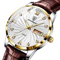 poedagar mens watches top brand luxury gold plated case watch quartz watch luminous waterproof leather strap week calendar 827