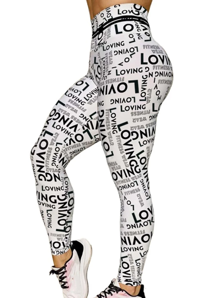 High Waist Yoga Pants Scrunch Workout Leggins Fitness Leggings Women Letter Print White Gym Push Up Sport Tights Ladies Clothing