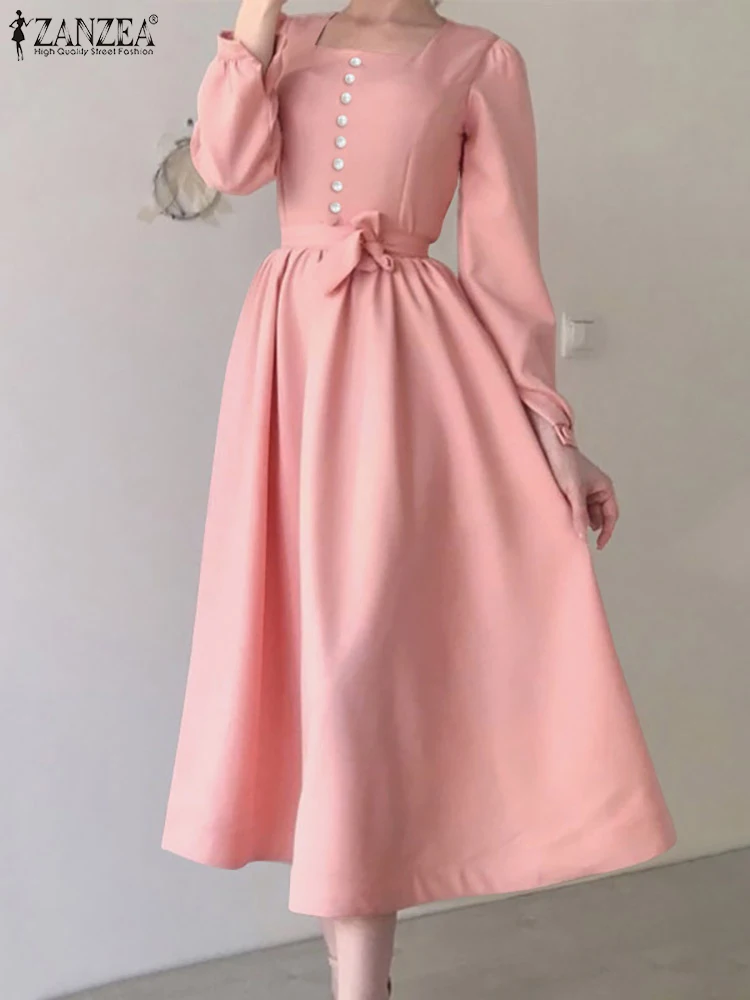 

Платье ZANZEA женское средней длины, шикарное длинное элегантное розовое платье с длинным рукавом, завязкой на талии, квадратным вырезом, весна 2023