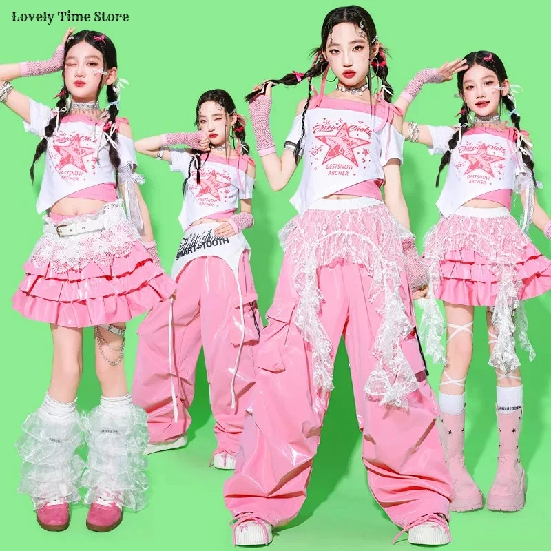 Фото Комплекты одежды для девочек: укороченный топ в стиле K-pop, розовые брюки карго, юбки для уличных танцев, детские костюмы, хип-хоп уличная одежда, джазовые наряды для девочек-групп №1