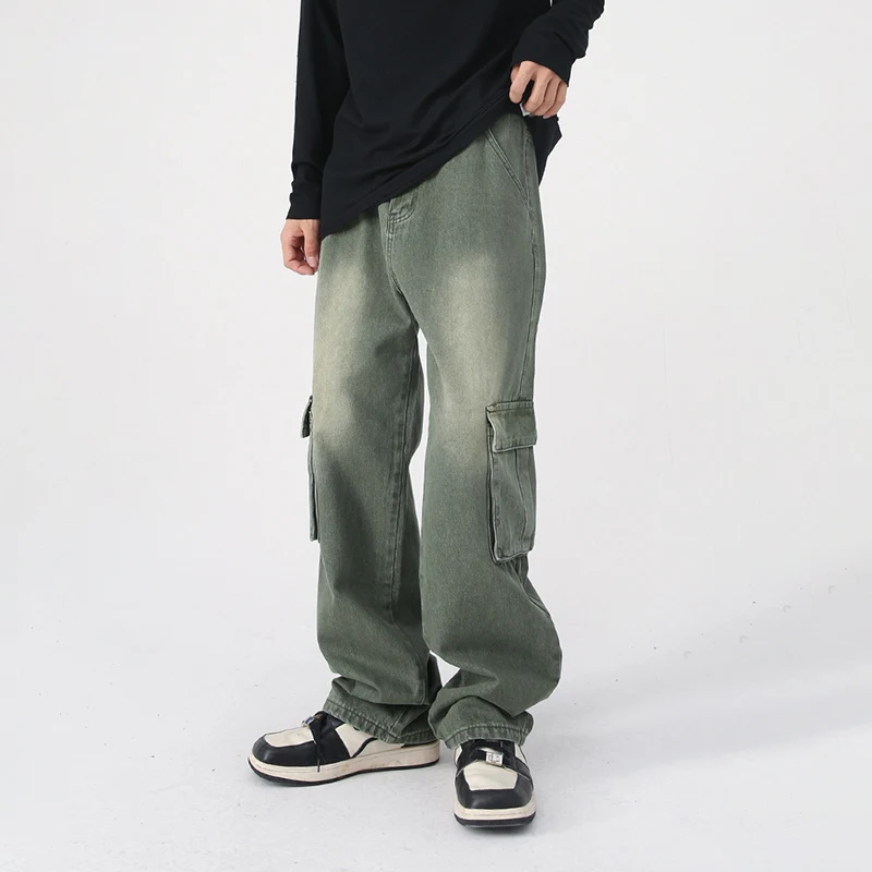 HOUZHOU Green Cargo Jeans Distressed Vintage Denim Trousers Male Wide Leg Pants Men Streetwear Retro Oversize Casual Hip Hop