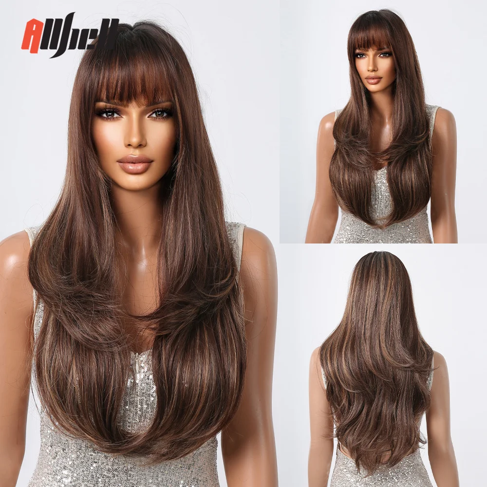 

Long Wavy Dark Brown Highlight Yellow Synthetic Wigs with Bangs Cosplay Party for Women Afro Natural Daily Heat Resistant Hair