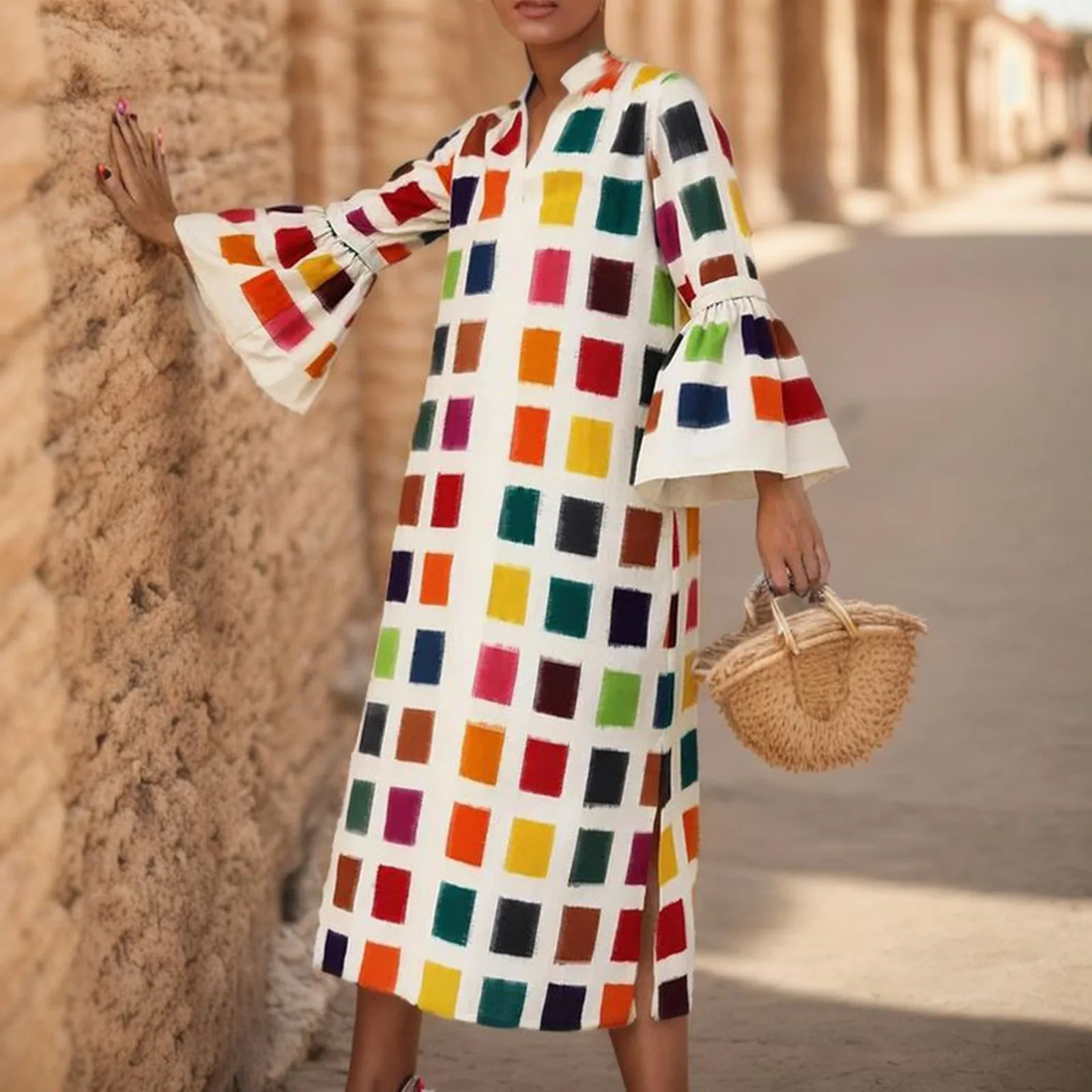 

Long Sleeved Dresses Women Women's new plaid long flared sleeve V-neck loose straight casual daily party Long Sleeve Dresses
