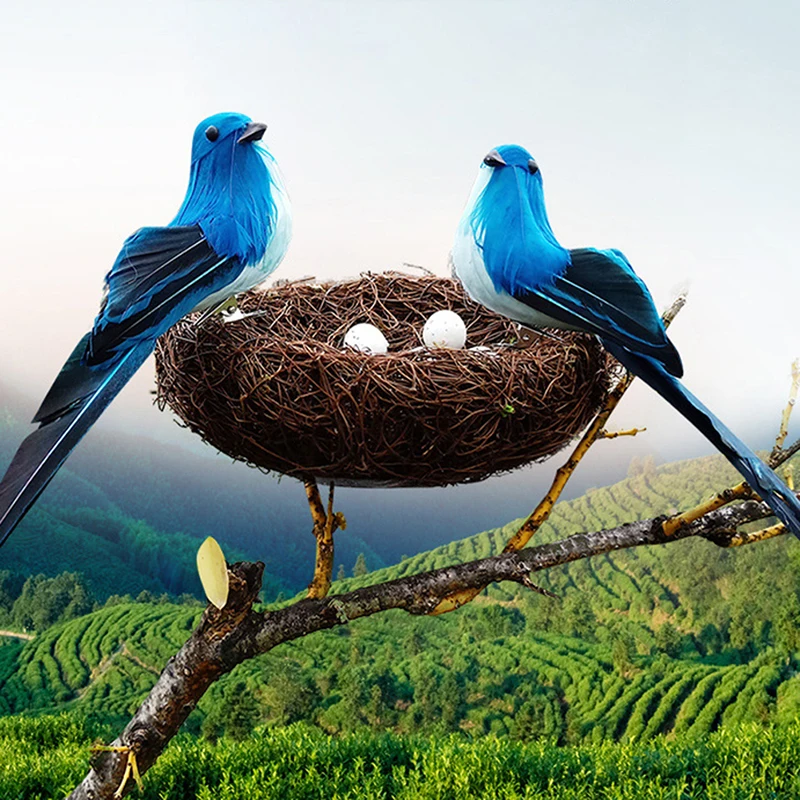 

1Set Artificial Feathered Birds Nest Egg Creative Craft Birds Sculpture Lawn Arts Ornaments Home Garden Lawn Decoration