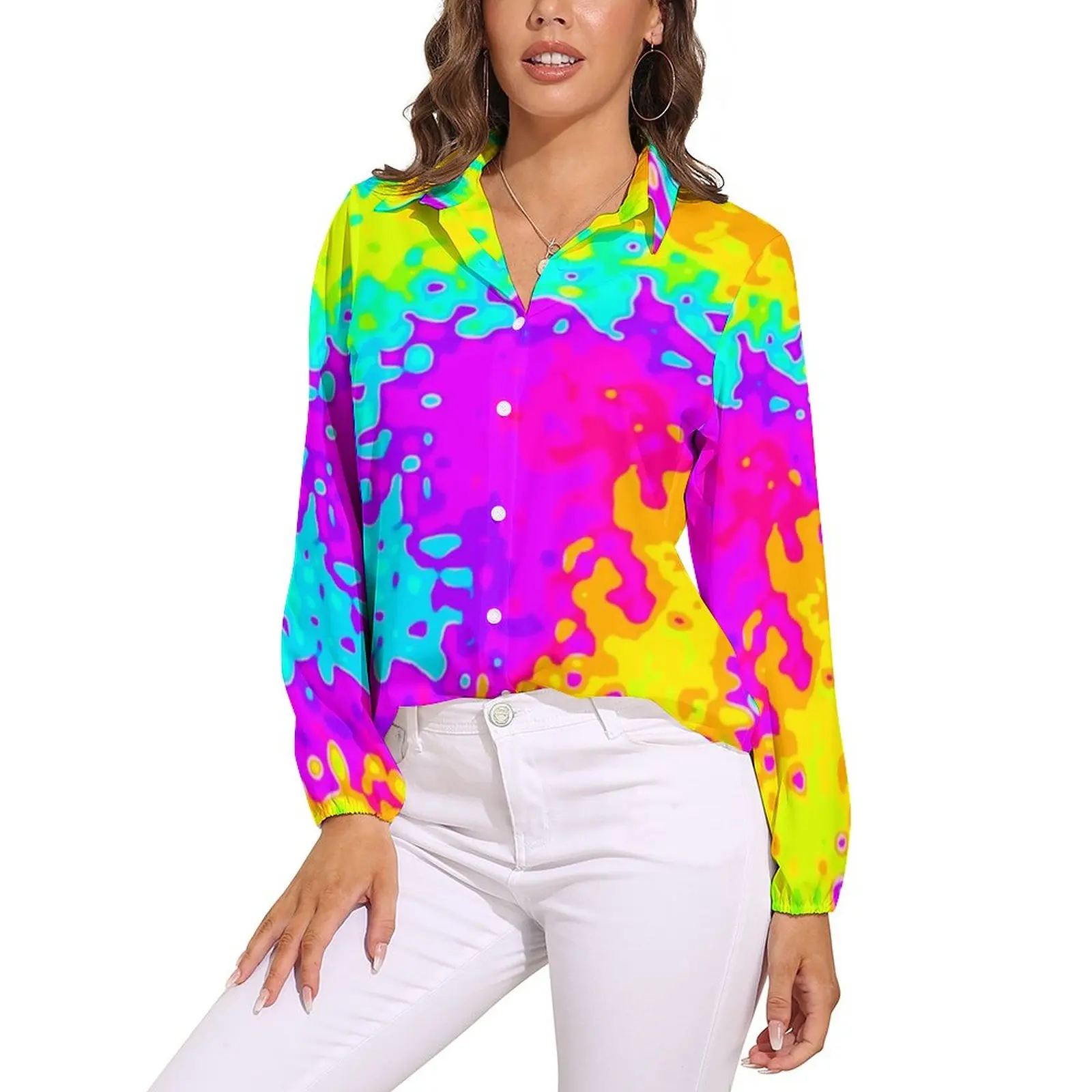 

Yellow Tie Dye Blouse Psychedelic Print Elegant Printed Blouses Female Street Style Shirt Autumn Long-Sleeve Oversized Top