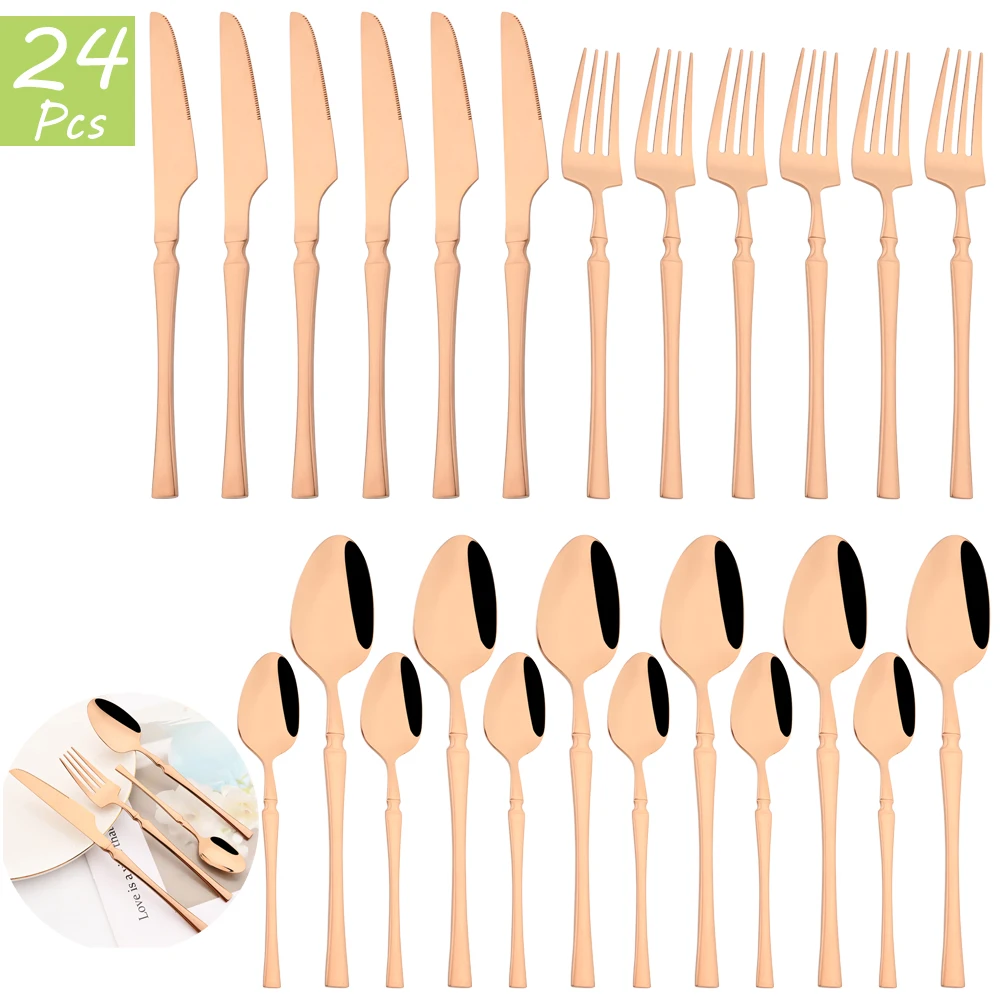 

16/24Pcs Rose Tableware Dinnerware Set Knife Fork Coffee Tea Spoon Flatware Set Stainless Steel Cutlery Kitchen Silverware
