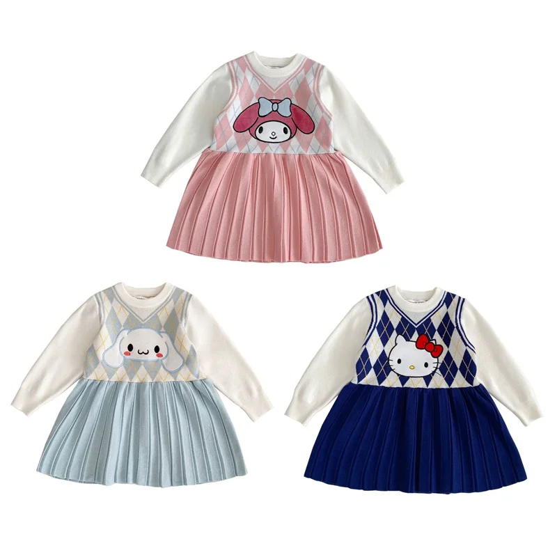 

Оригинальный свитер Hello Kitty Mymelody Cinnamorol для девочек осень/зима вязаная юбка мультяшная плиссированная юбка принцессы