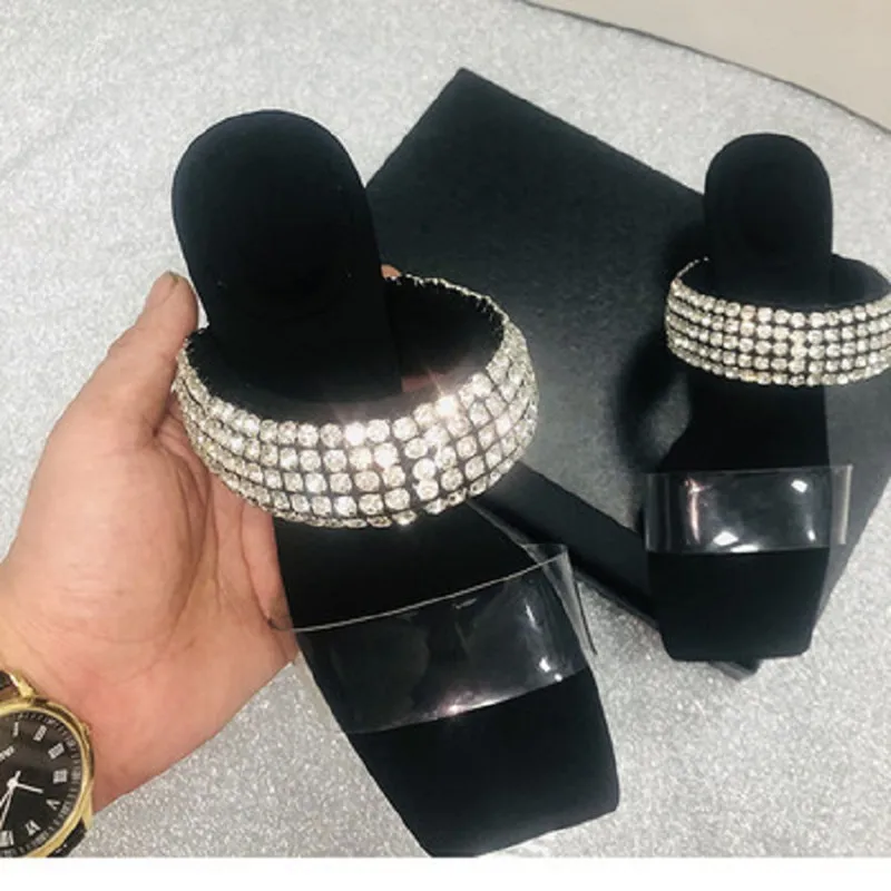

2022 summer European and American new style diamond decorated high heels square toe open toe ladies slippers