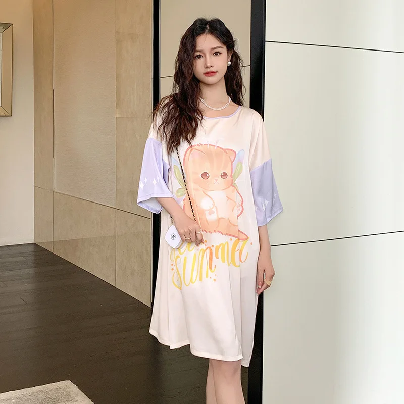 Summer 2023 new satin nightdress women's short sleeve silk pajama high-end sense literary loungewear cartoon pullover