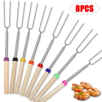 8pcs adjustable wooden handle with carrying bag roasting sticks stainless steel hot dog fork telescopic u shaped