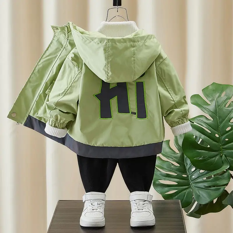 

Boys Spring and Autumn Coat Children 2023 New Fashionable Hooded Jacket Kids Letter Pattern Zipper Tops with Pockets Thin
