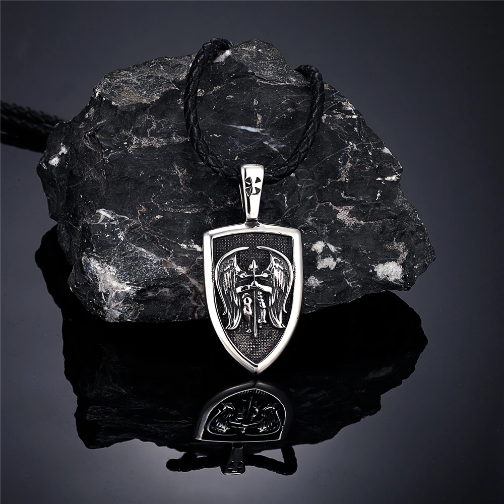 Norse St.michjael Angel Knight Cross Necklaces Men Titanium Steel Double-sided Viking Archangel Pendant Mythology Amulet Jewelry |