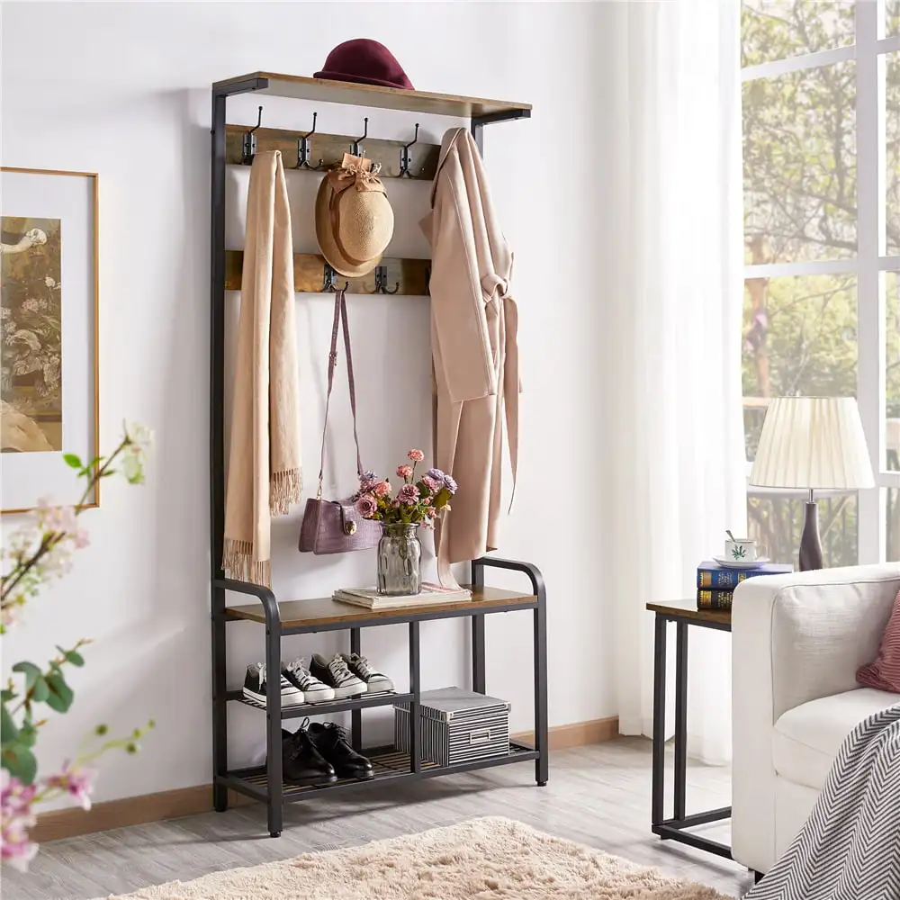 

Free Shipping 72”H Entryway Hall Tree with Bench and Shoe Storage Rustic Brown