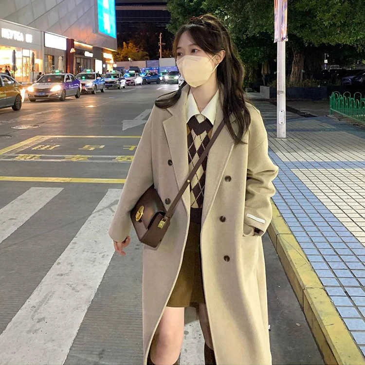 

Autumn and winter new Hepburn style tweed lapel coat women's college style loose midi length lace-up tweed jacket winter dress