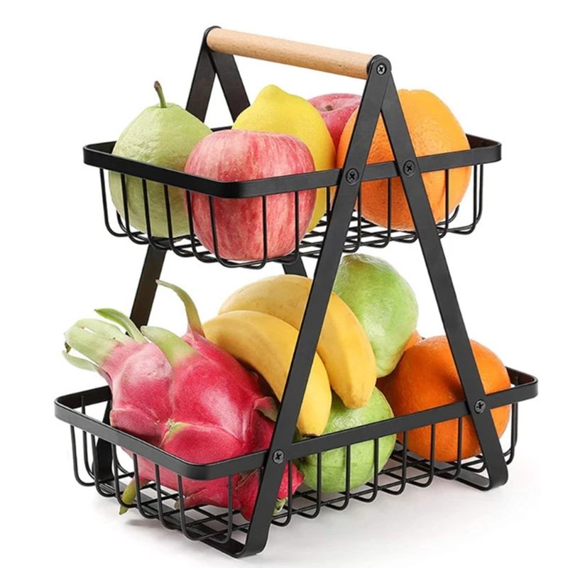 

2-Tier Metal Fruit Basket Portable Kitchen Storage Countertop Shelf Rack For Fruits Vegetables Household Toiletries
