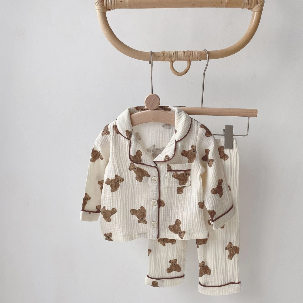 

2pcs Autumn New Kids Pajamas Korean Long Sleeve Print Bear Cardigan And Pants Cotton Muslin Yarn Sleepwear