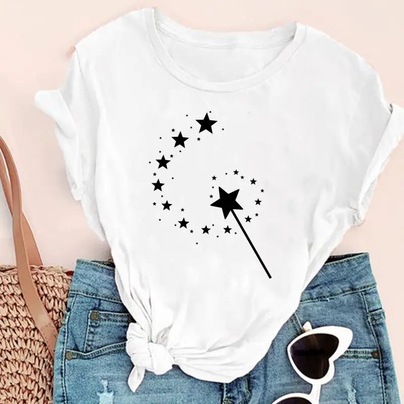 

Women Geometric Star Happy Time Cute Ladies Fashion Print Sweet Summer Short Sleeve Lovely Clothes Tops Tees Tshirt T-Shirt