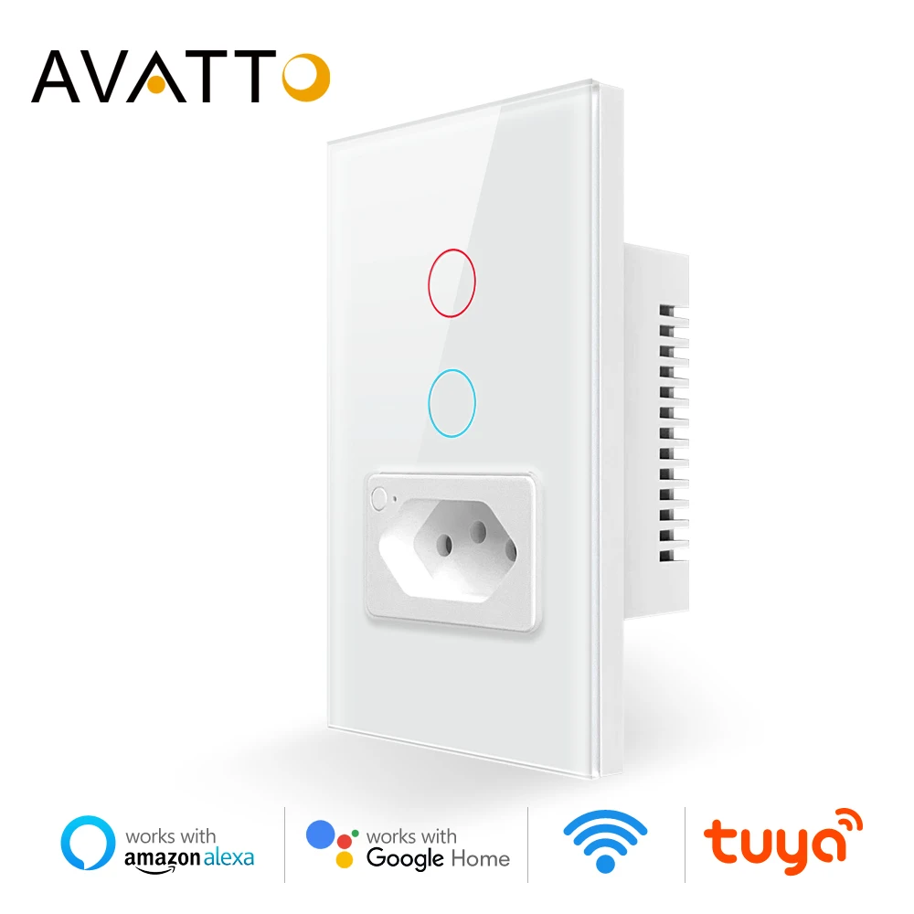 Выключатель и розетка AVATTO Tuya с Wi-Fi стандарт Бразилии 4X2 стеклянная панель 1/2