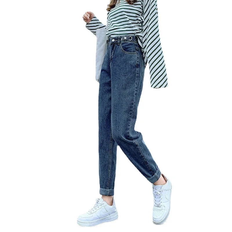 Plus velvet dad jeans women's autumn and winter new thickening small tall waist was thin straight loose nine points harem pants