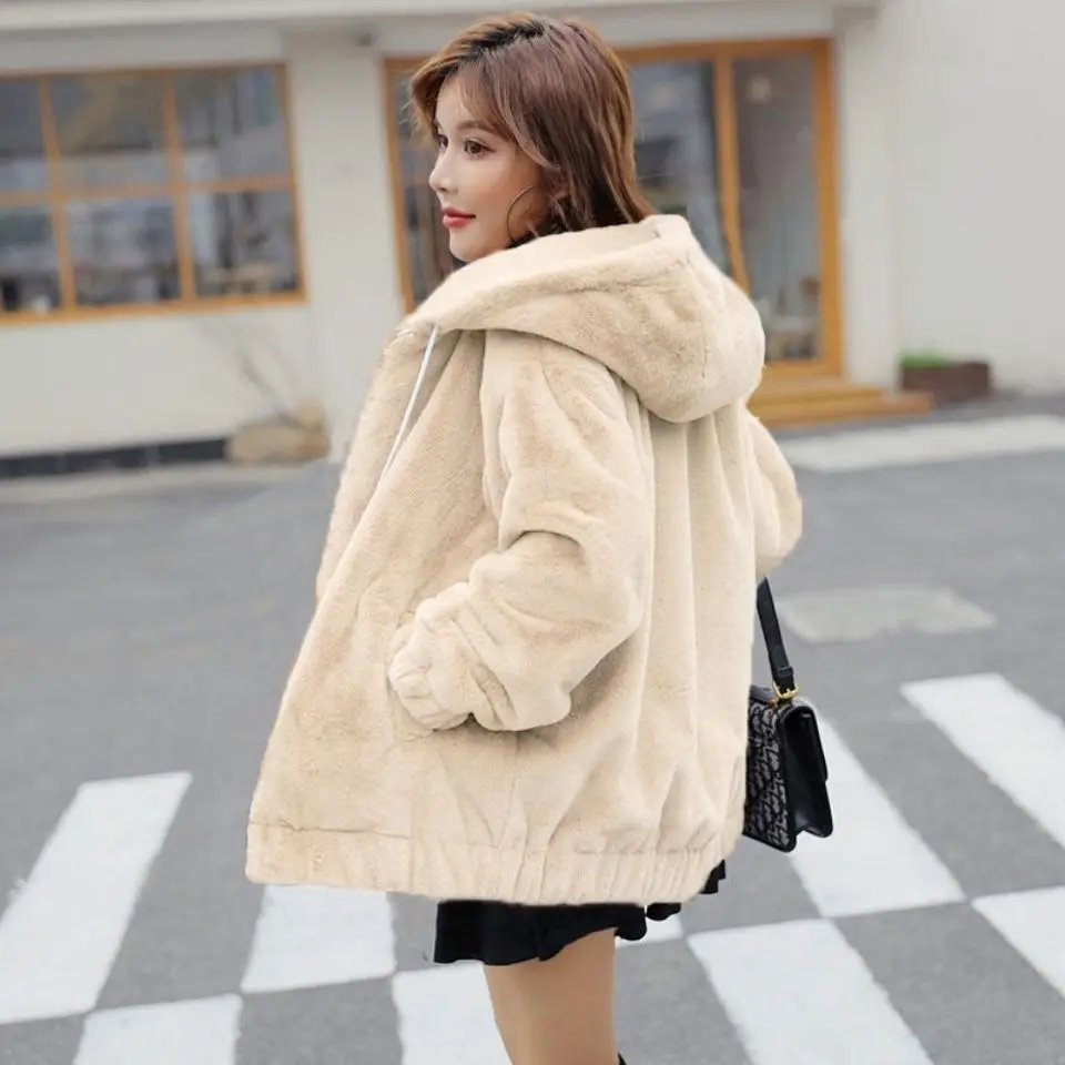 Winter Coat for Women Faux Fur Coats Jackets Faux Rabbit Fur Hooded Sweatshirt Jacket Cotton Lined Coat Warm Korean Fashion New