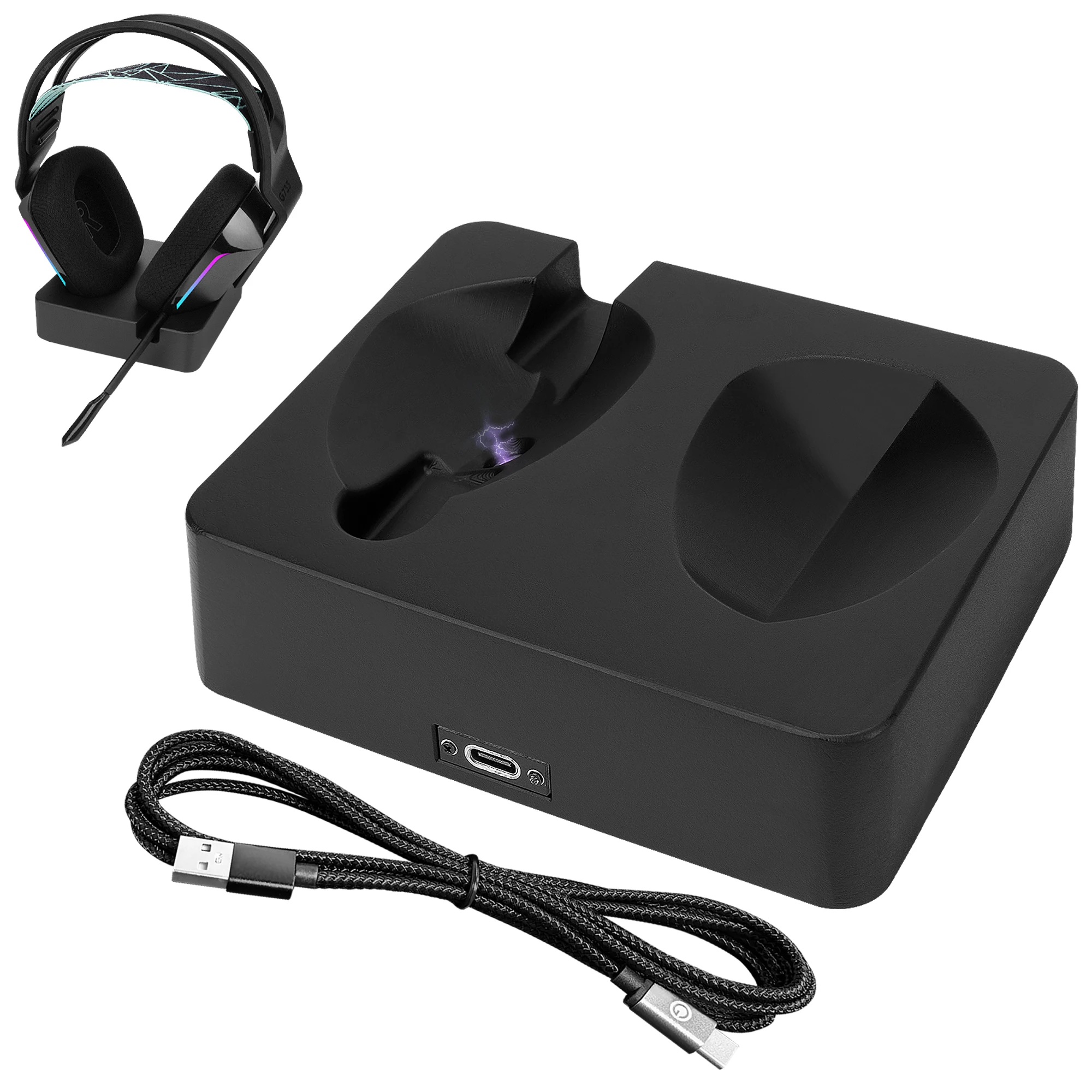 Фото Подставка для зарядки наушников Geekria для беспроводной игровой гарнитуры Logitech G733 Lightspeed, зарядная док-станция из 3D-печатной смолы (черная) №1