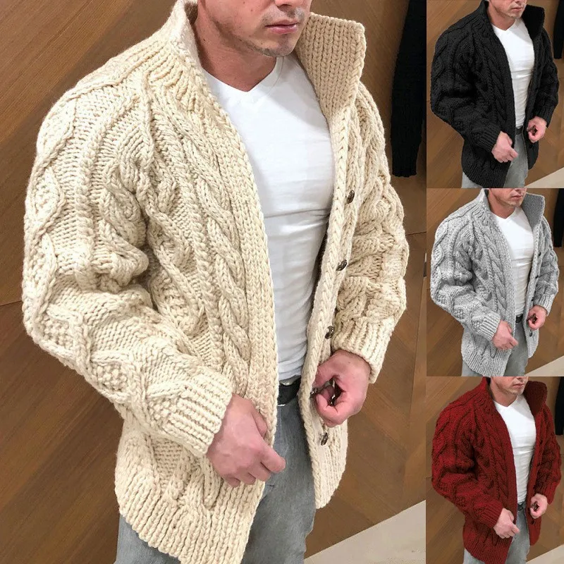 

Cardigan Knitted Sweater Elastic Long-sleeved Stand-up Collar Twisted Texture Warm Winter Knitted Sweater Jacket 2022 New