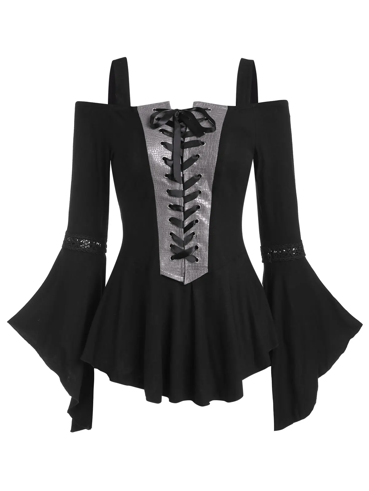 

Lace Up Faux Leather Insert Open Shoulder Bell Sleeve T-shirt Women Long Sleeve Tee Bell Sleeve Tee Crochet Insert T-Shirts