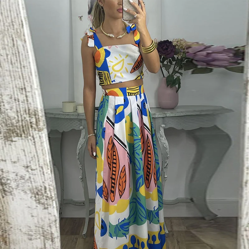 

Leisure Street Printing Set Fashion Casual Lace-Up Straps Top & Loose Hem Skirt Outfits Women Summer High-Waist Long Skirt Suits
