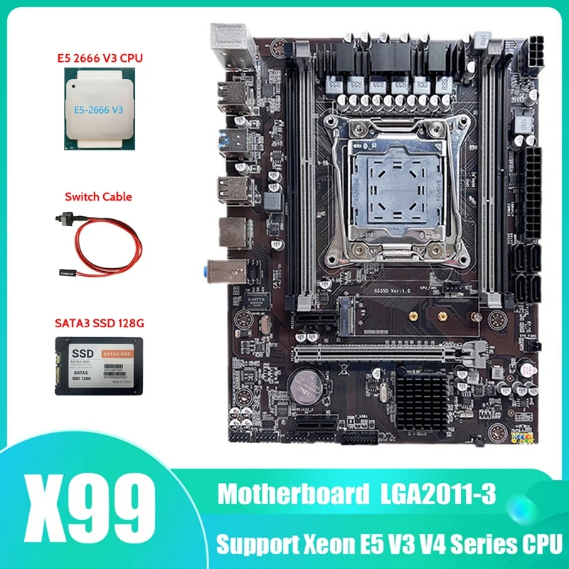

HOT-X99 материнская плата, материнская плата компьютера, поддерживает DDR4 ECC RAM с процессором E5 2666 V3 + SATA3 SSD 128G + кабель переключения