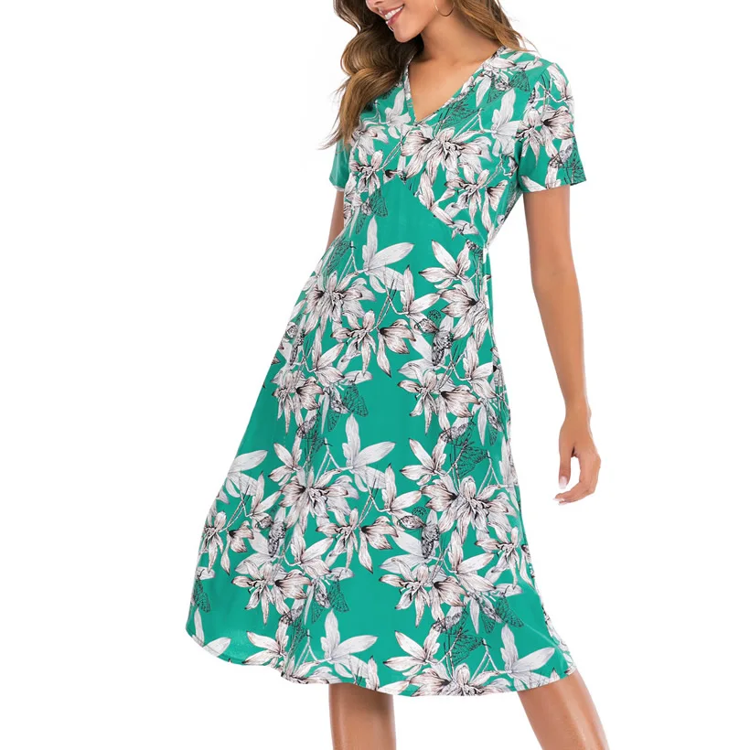 

Womens Summer 2022 Casual Dress Short Sleeve V Neck Floral Print Boho Beach Sundress Flowy Swing Elegant Chiffon Dress Vestidos