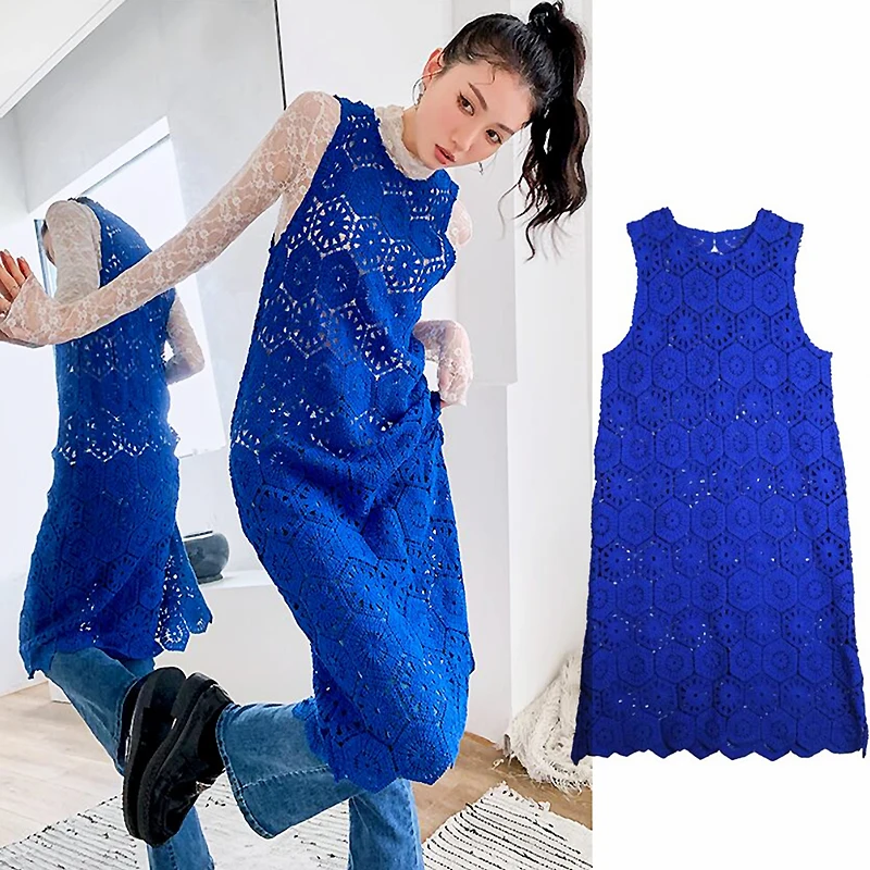 

Spring Summer 2022 Designer Fashion Women's Dress Chic Crochet Hollow Out Knitted Blue Sleeveless Long Dress Woman Clothes SL546