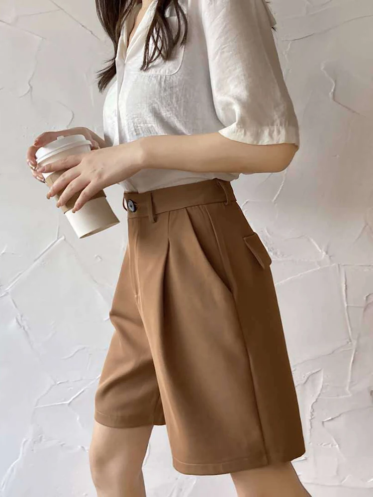2022 Summer Women High Waist Black Suit Shorts Wide Leg Knee-length Shorts with Pockets Button Ladies Casual Loose Short Pants