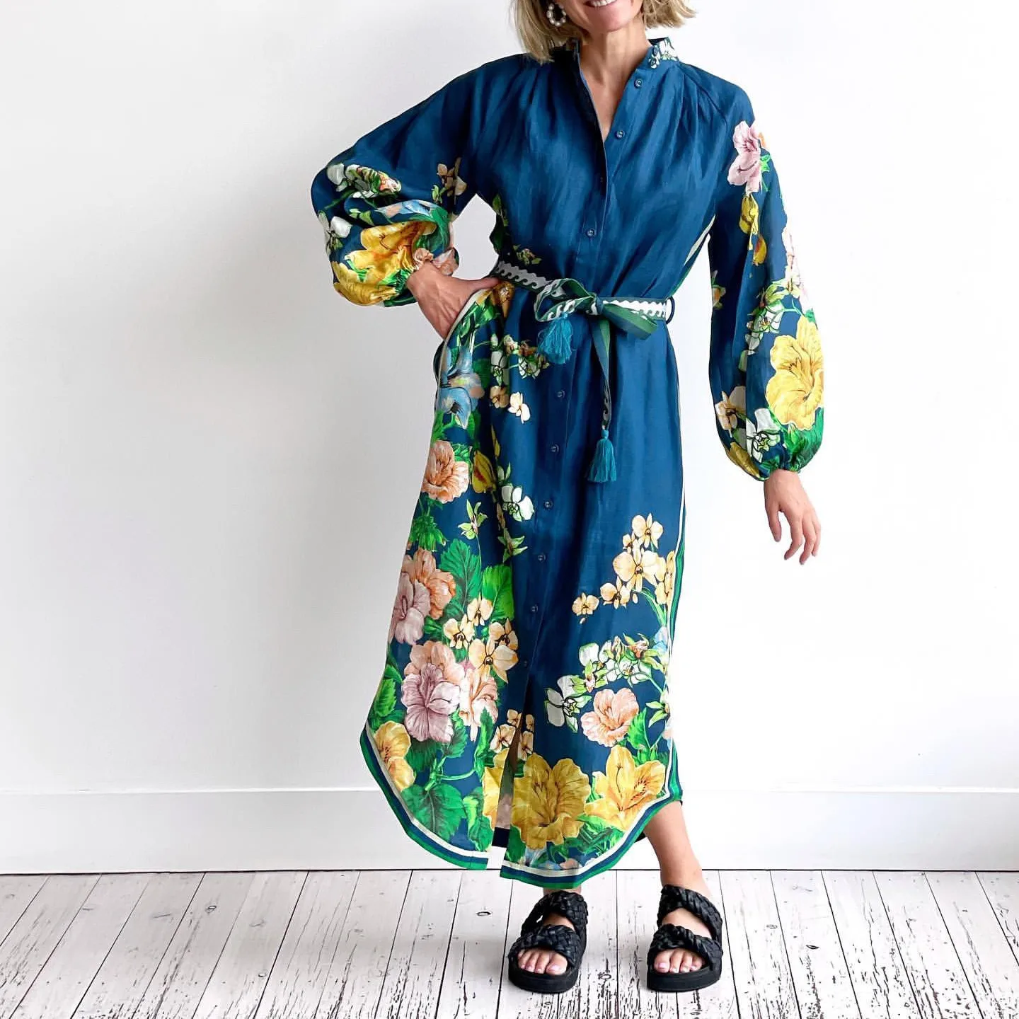 

Women Flower Printed Single Breasted Waist Lace-up Lantern Half High Collar Linen Long Sleeve Midi Dress