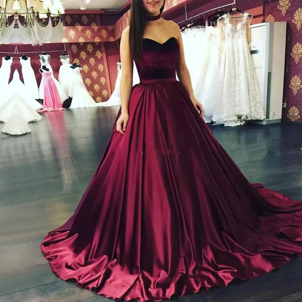 

Strapless Prom Dresses Sleeveless Satin Ball Gown Formal Dresses Floor Length Cheap Satin Party Gowns