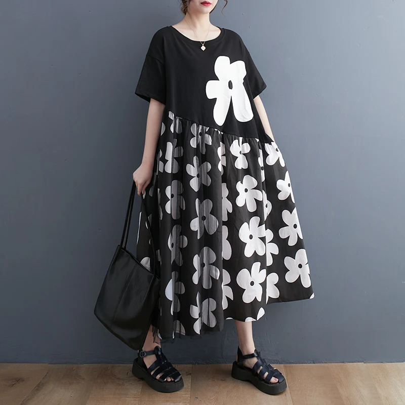 

2023 New Arrival Patchwork Mesh Print Floral Sweet Girl's Chic Summer Dress Office Lady Work Dress Women Fashion Casual Dress