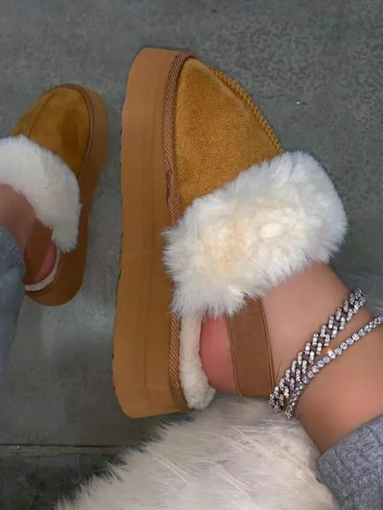 Women Slippers Platform Slides Faux Fur Fluffy Winter Short Plush Pink Color Open Toe Fuzzy Cozy Bedroom Home Furry Slippers