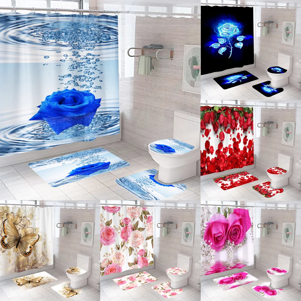 

Синяя, красная, розовая душевая занавеска с принтом роз и крючками, Набор ковриков для ванной комнаты, нескользящий мягкий ковер для ванной, ...