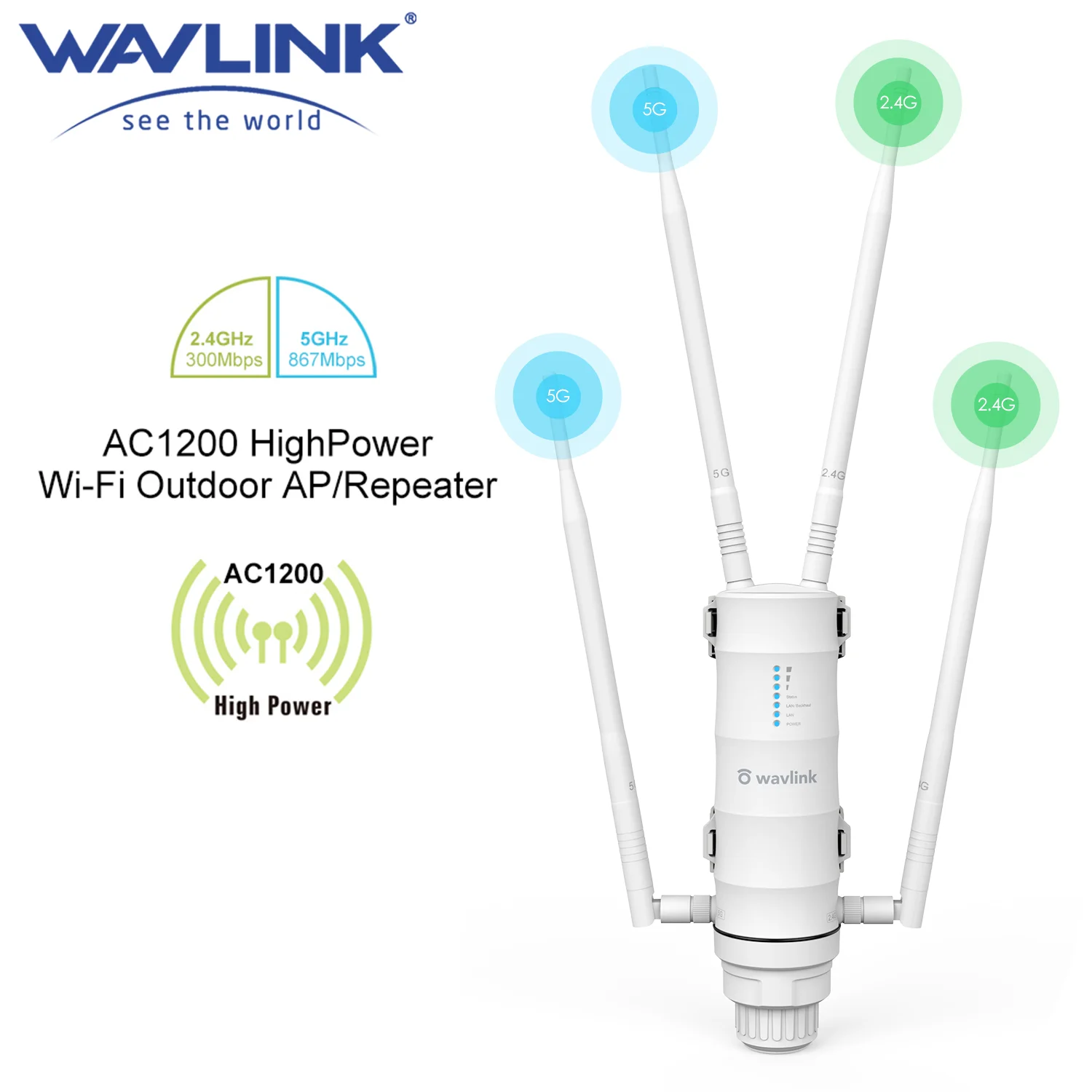 Wavlink-Amplificador de rango wifi AC1200 de alta potencia para exteriores, repetidor/ENRUTADOR con PoE y antenas de alta ganancia de 2,4G y 5G