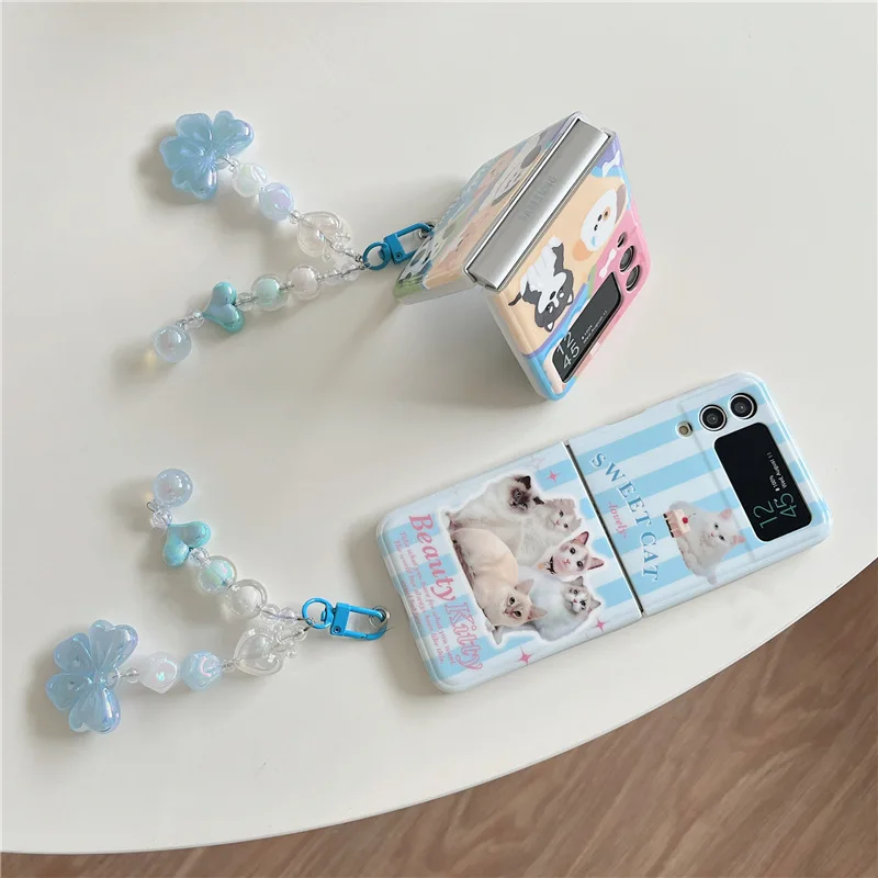 Lovely Style Striped Cat Dog Sticker Phone Case for Samsung Galaxy Z Flip 4 3 Hard Cover for ZFlip3 Zflip4 Solid Shell Bracket