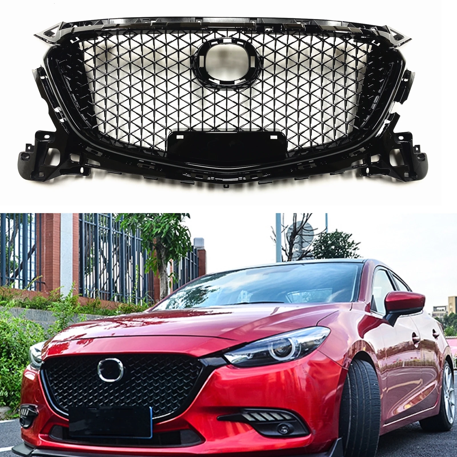 Front Grille Grill For Mazda 3 Axela 2017-2018 Glossy Black Car Upper Bumper Hood Mesh Honeycomb Style Air Grating Body Kit Grid