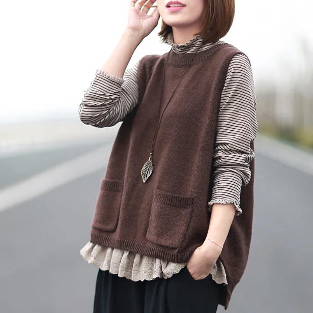 

Autumn new style literary leisure loose large size solid color knit sweater sweater vest ladies round neck pullover sweater
