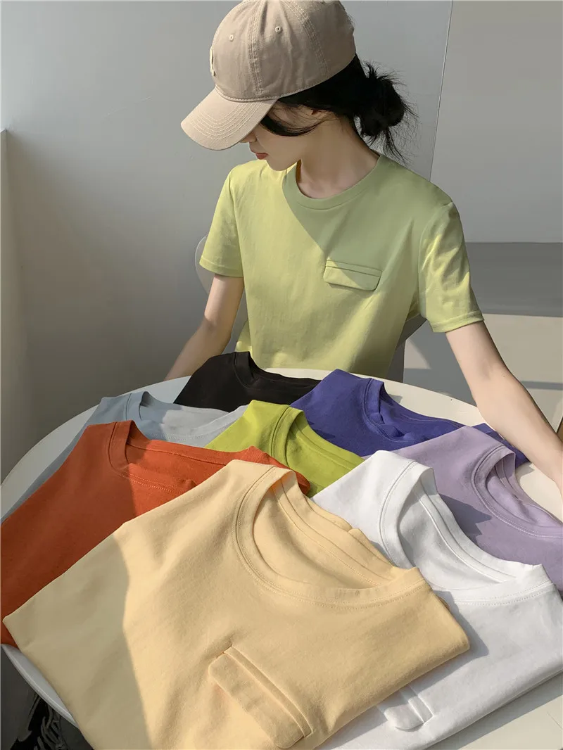 

2023 Summer Casual Solid T-Shirt Women's Fake Pocket O-Neck Cotton Short Sleeve T-Shirt Women's Basic Loose Soft Top Harajuku