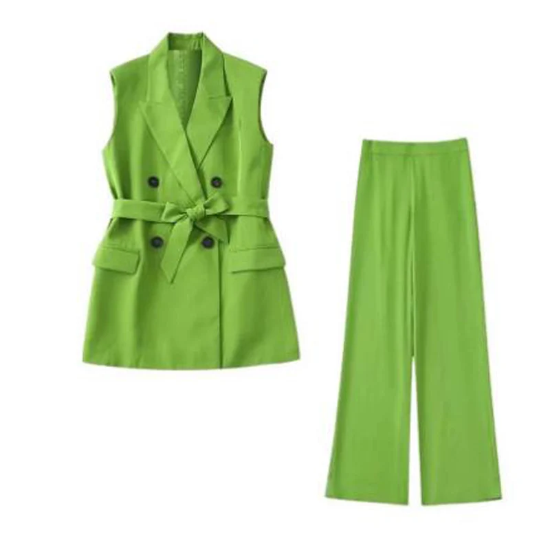 V-neck Chic and Elegant Woman Pants Set Woman 2 Pieces Double Breasted Belt Vest Suit Blazer Suits Women's Clothing